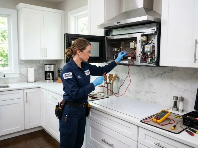 Appliance Repair Hero technician testing an over-the-range microwave in a Amo, IN kitchen